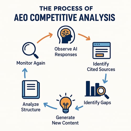 Theme The Process of AEO Competitive AnalysisVisual SuggestionCreate a circular flowchart depicting the following stepsObserve AI Responses  Identify Cited Sources  Analyze Structure  Identify Gaps  Generate New Content  Monitor AgainEach step should