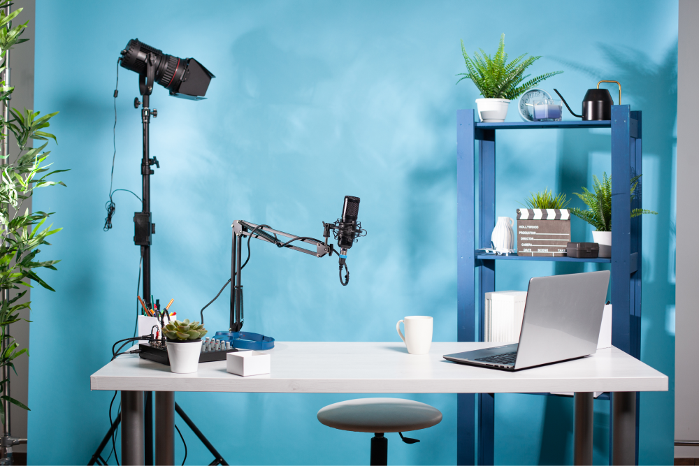 empty-online-radio-studio-broadcasting-room-with-professional-microphone-video-light-used-podcast-transmission-video-podcasting-setup-with-digital-mixer-console-laptop-computer 1