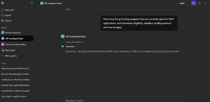 The agents live right inside Microsoft 365 Copilot — staff open them from the same sidebar they already use for chat.