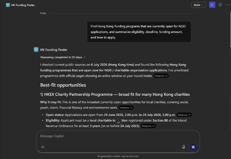 A real run: the agent surfaces the HKEX Charity Partnership Programme with its exact application window and the Section 88 eligibility requirement spelled out — the two facts that usually get discovered too late.